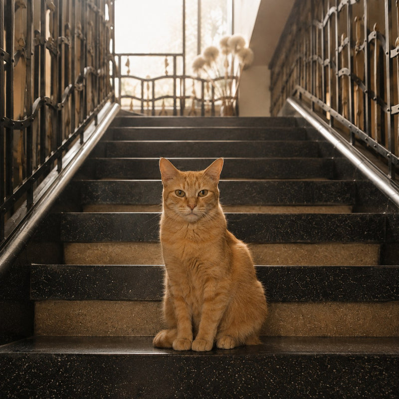 Murzik sitting proudly on a staircase
