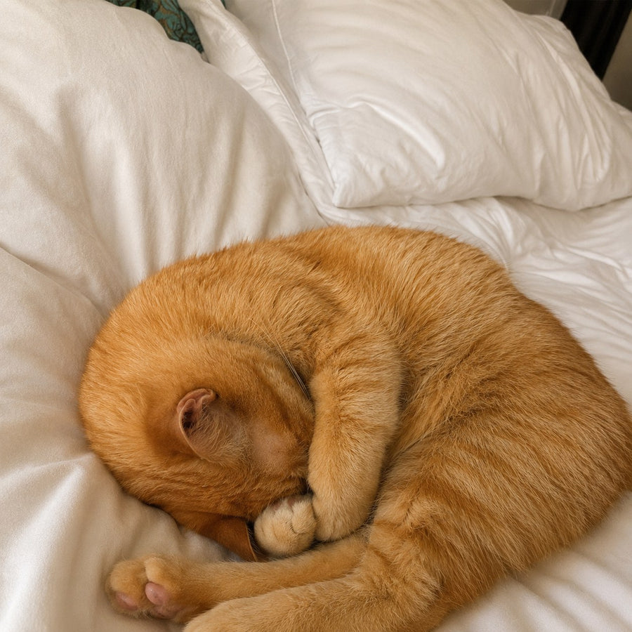 Murzik curled up covering his face shyly