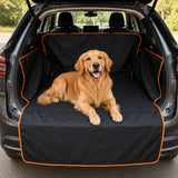 Golden retriever sitting on waterproof car trunk mat, orange edge