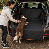 Waterproof car trunk mat, orange edge, empty trunk close view