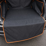 Waterproof car trunk mat, orange edge, water droplets showing waterproof fabric