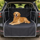Golden retriever sitting on waterproof car trunk mat, white edge