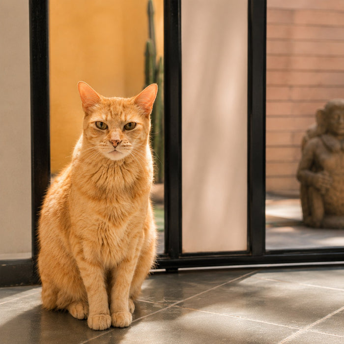 Murzik standing elegantly in a courtyard