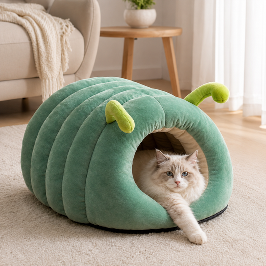 Caterpillar Pet Bed green with cat
